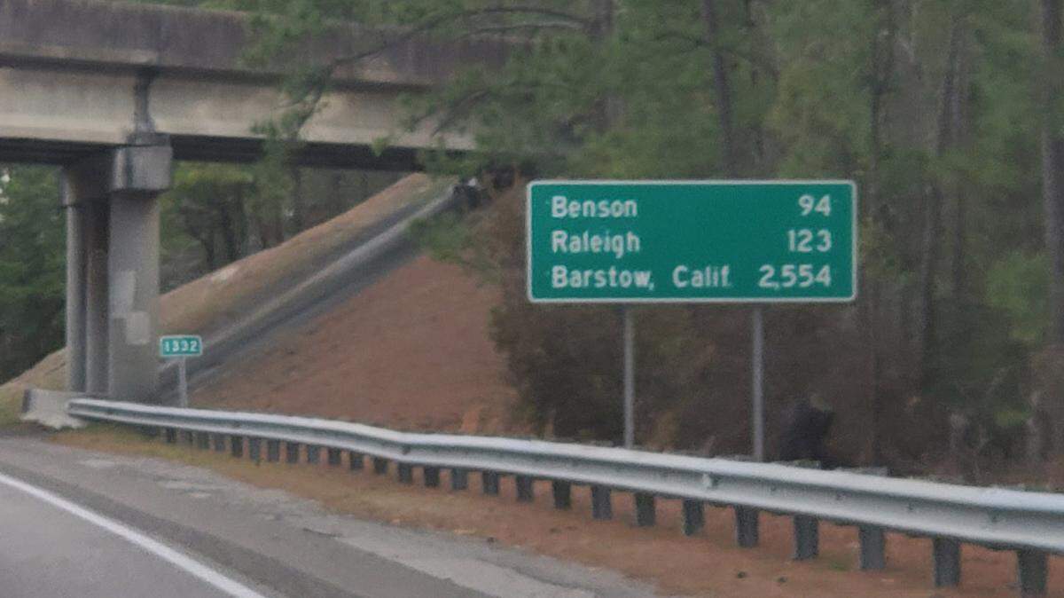 The N.C. Department of Transportation recently installed a sign on Interstate 40 near the Murrayville Road overpass outside Wilmington noting the distance to Barstow, Calif., the highway’s western terminus. Officials hope thieves will leave this one alone.