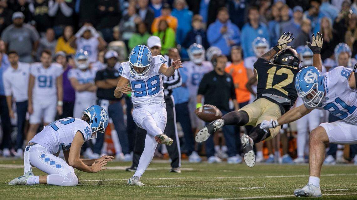 North Carolina kicker Noah Burnette (88) connects for a 33-yard field goal to give the Tar Heels a 36-34 lead over Wake Forest in the fourth quarter on Saturday, November 12, 2022 at Truist Field in Winston-Salem, N.C. North Carolina’s defense held Wake scoreless in the last two minutes to secure the victory.
