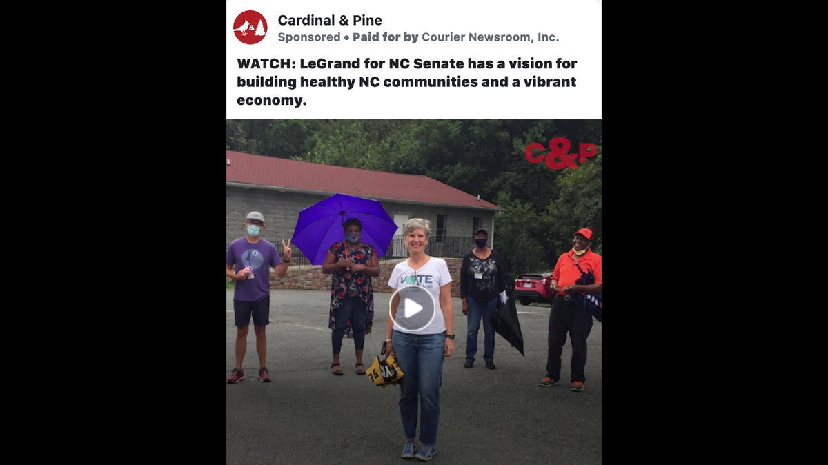 An example of one of the Facebook ads from news website Cardinal & Pine, which spent $1.36 million last year in Facebook ads that promoted positive stories about Joe Biden and Democratic candidates for state Senate.