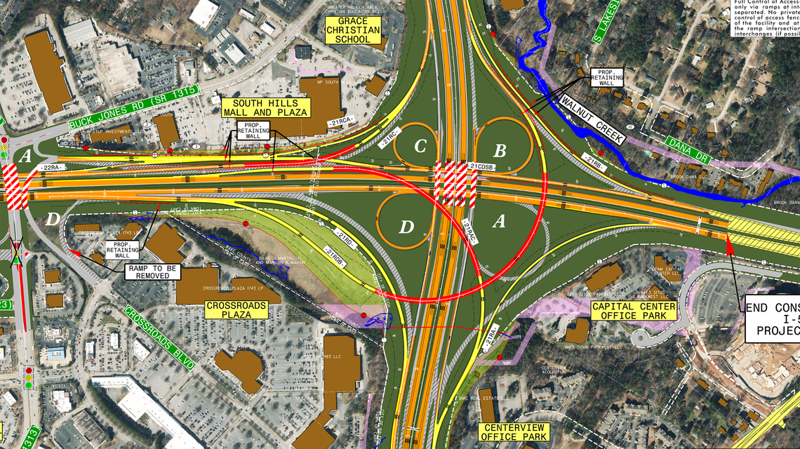 The N.C. Department of Transportation’s plans for overhauling the Interstate 40/440 interchange near Crossroads in Cary includes building two new flyover bridges and eliminating one of the existing loop ramps.