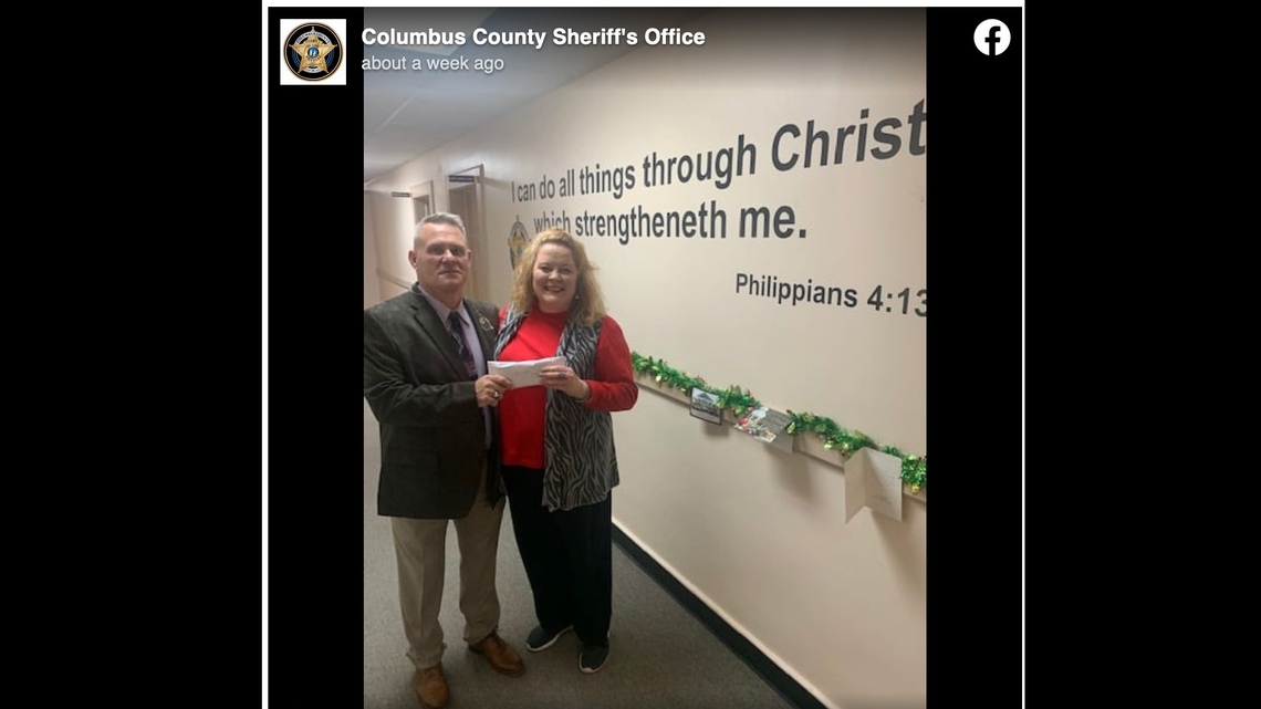 Photos posted on the Columbus County Sheriff’s office Facebook page show the bible quote on the wall.