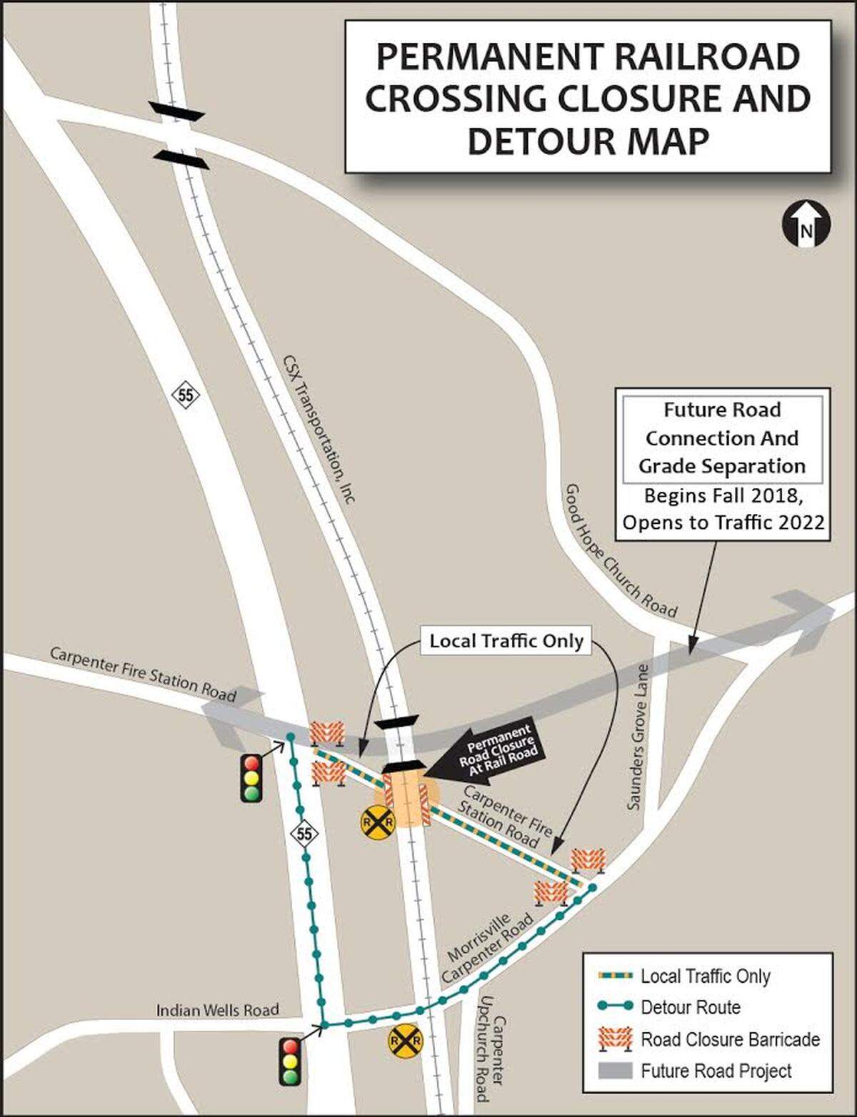 This map shows the detour route and the future realignment of Carpenter Fire Station Road.