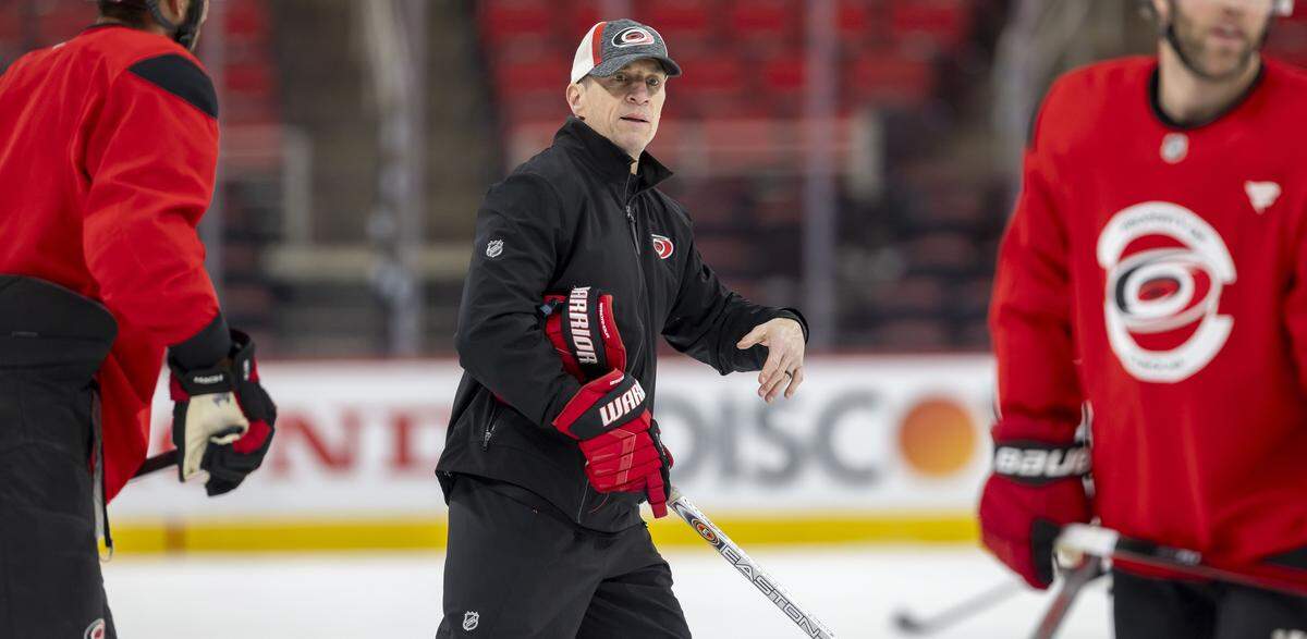 Carolina Hurricanes coach Rod Brind’Amour works with his team during practice on Friday, May 15, 2026 at Lenovo Center in Raleigh, N.C.