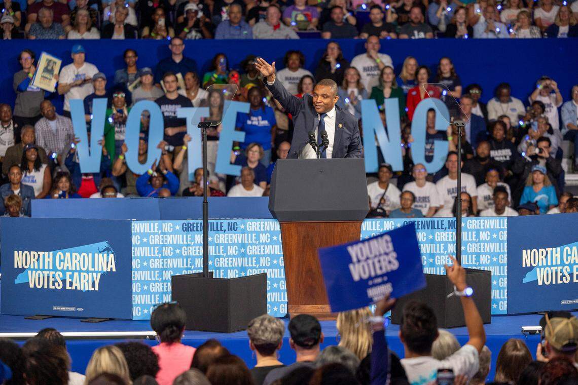 U.S. House member Don Davis addresses the crowd prior to the arrival of Vice President Kamala Harris, the Democratic Presidential nominee, in October 2024  Greenville.