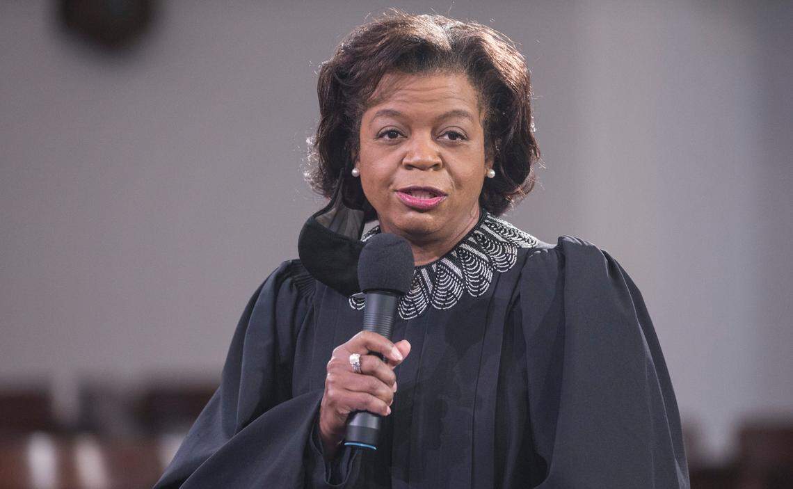 Chief Justice of the North Carolina Supreme Court, Cheri Beasley, swears in electors in the house chambers of the Old State Capitol building in Raleigh, N.C. on Monday, December 14, 2020.