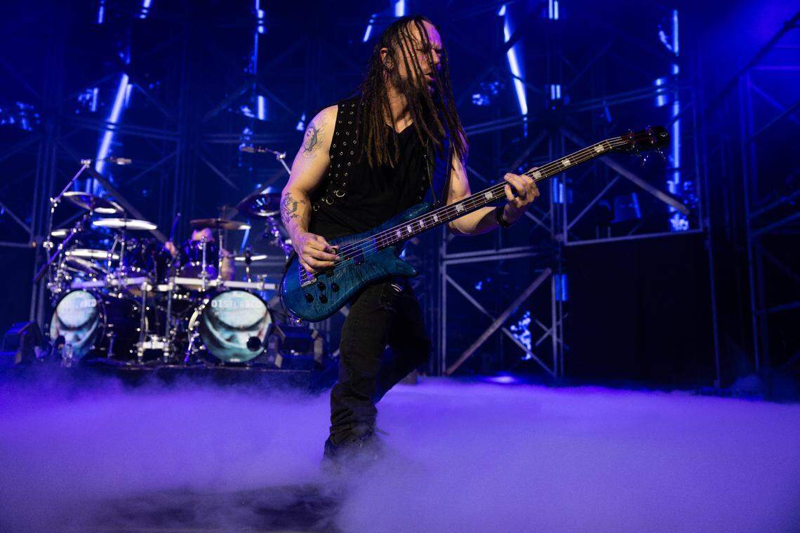 Dark metal band Disturbed in concert at Raleigh, N.C.’s Lenovo Center, April 14, 2025.