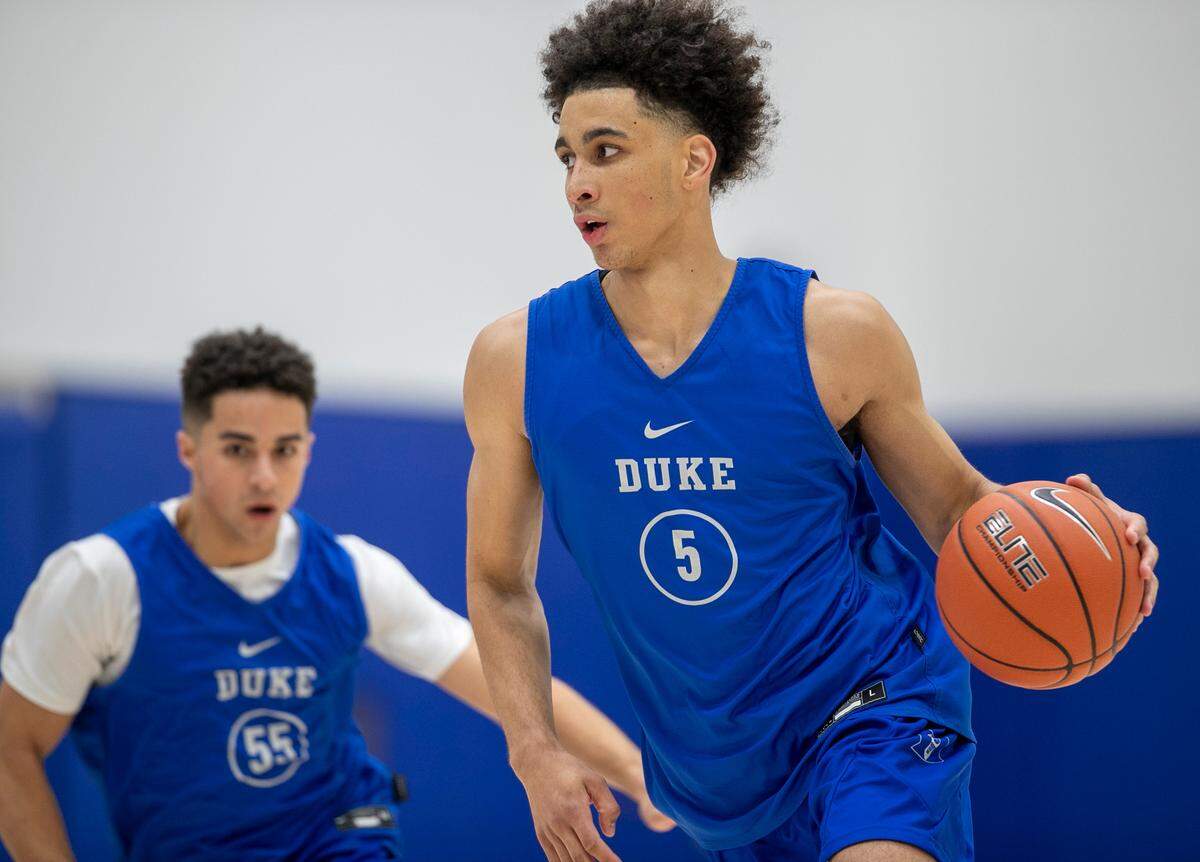 Duke’s Tyrese Proctor (5) works out during the Blue Devils’ practice on Tuesday, September 27, 2022 in Durham, N.C.