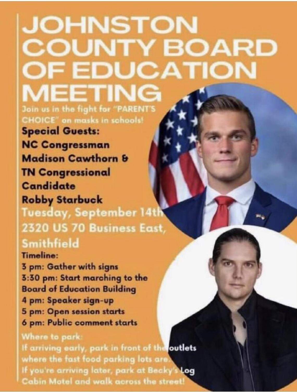 Flyer promoting U.S. Rep. Madison Cawthorn attending Sept. 14, 2021 Johnston County school board meeting to ask the district to stop requiring face masks.