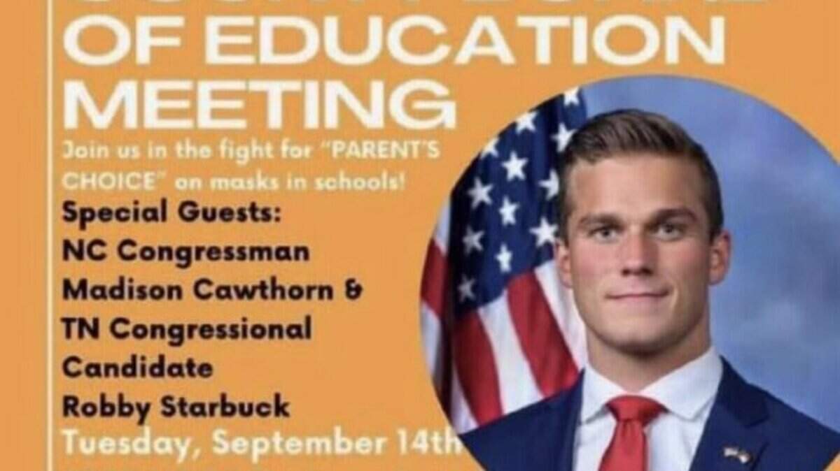 Flyer promoting U.S. Rep. Madison Cawthorn attending Sept. 14, 2021 Johnston County school board meeting to ask the district to stop requiring face masks.