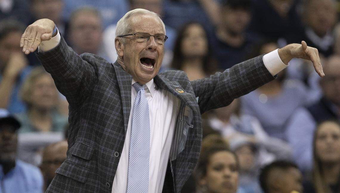 North Carolina coach Roy Williams directs his team on defense during the first half against Auburn during their NCAA Sweet 16 matchup on Friday, March 29, 2019 at the Sprint Center in Kansas City, Missouri.