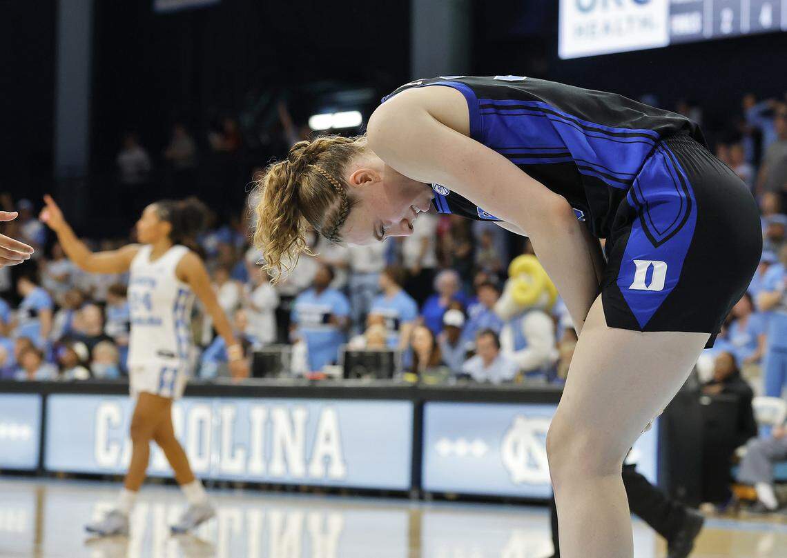 Duke’s Toby Fournier reacts after missing a basket late in the second half of the Blue Devils’ 74-69 loss to North Carolina on Sunday, March 1, 2026, at Carmichael Arena in Chapel Hill, N.C.
