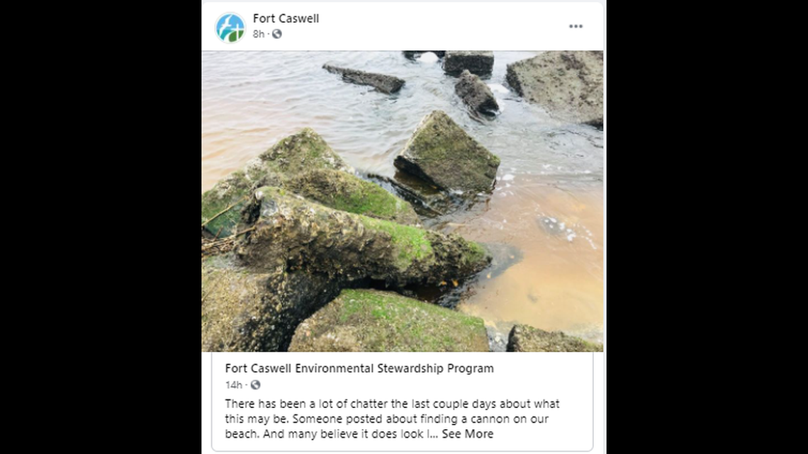 J.D. Shaddock found this object while fishing on Caswell Beach Sunday. He thinks it’s a cannon.