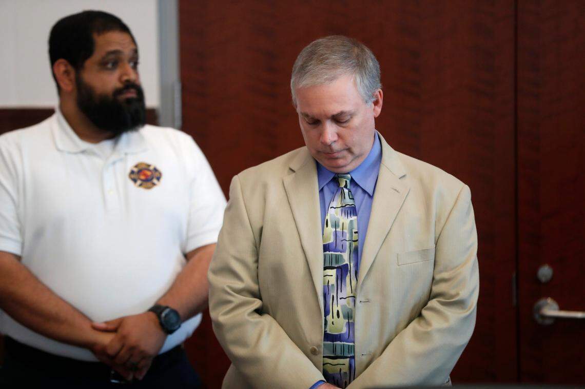Chris Kippes, Wake County Public Health Division Director, waits before meeting with the media Wednesday, March 4, 2020, to talk about the COVID-19 “presumptive positive” test result in Wake County. To the left is Darshan Patel, Wake County Emergency Management Team Leader.