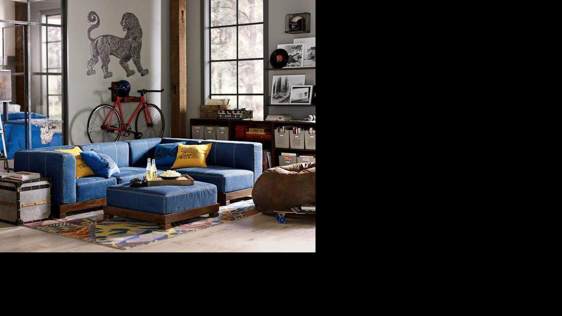 Pottery Barn Teen’s Denim Cushy Lounge sectional collection ($67.99-$999) is a modern, modular choice for a teen lounge. Teens can configure seating as they like for movies, gaming or dancing.
