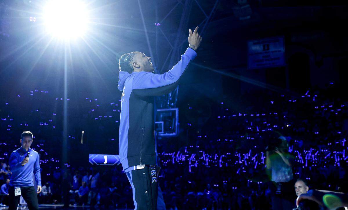 Duke’s Isaiah Evans motions to the crowd as he is introduced during Duke basketball’s Countdown to Craziness at Cameron Indoor Stadium in Durham, N.C., Friday, Oct. 3, 2025.
