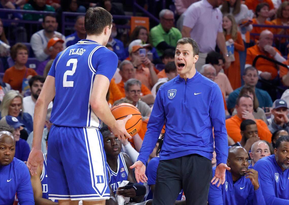 Duke head coach Jon Scheyer yells to Cooper Flagg (2) in the second half of Clemson’s 77-71 victory over Duke at Littlejohn Coliseum in Clemson, S.C., Saturday, Feb. 8, 2025.