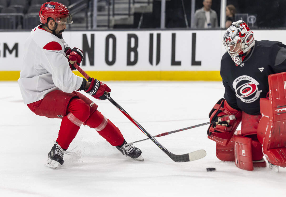Carolina Hurricanes right wing Seth Jarvis (24) shoots against goalie Pyotr Kochetkov (52) during practice ahead of Stanley Cup Final Game 4 against Vegas, on Monday, June 8, 2026 at T-Mobile Arena in Las Vegas, NV.