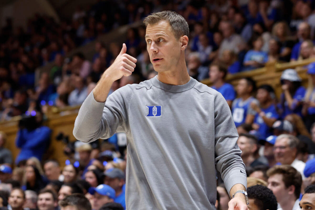 Duke head coach Jon Scheyer instructs his team during the second half of Duke’s 84-38 victory over USC Upstate at Cameron Indoor Stadium in Durham, N.C., Friday, Nov. 11, 2022.