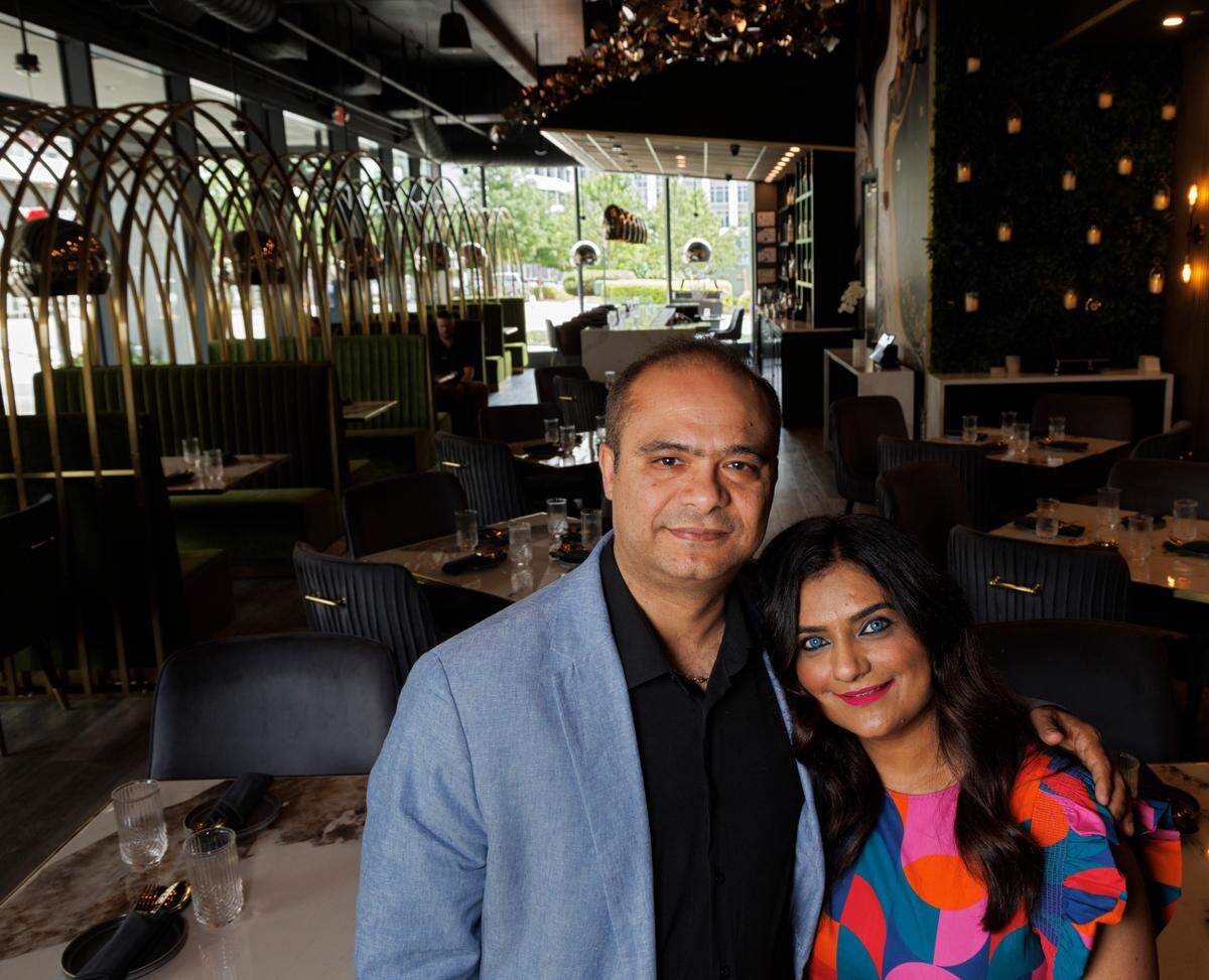 Manoj Kathrani and Tina Vora, co-founders of Tamasha Modern Indian, are photographed in the restaurant on Wednesday, May 8, 2024, in Raleigh, N.C.