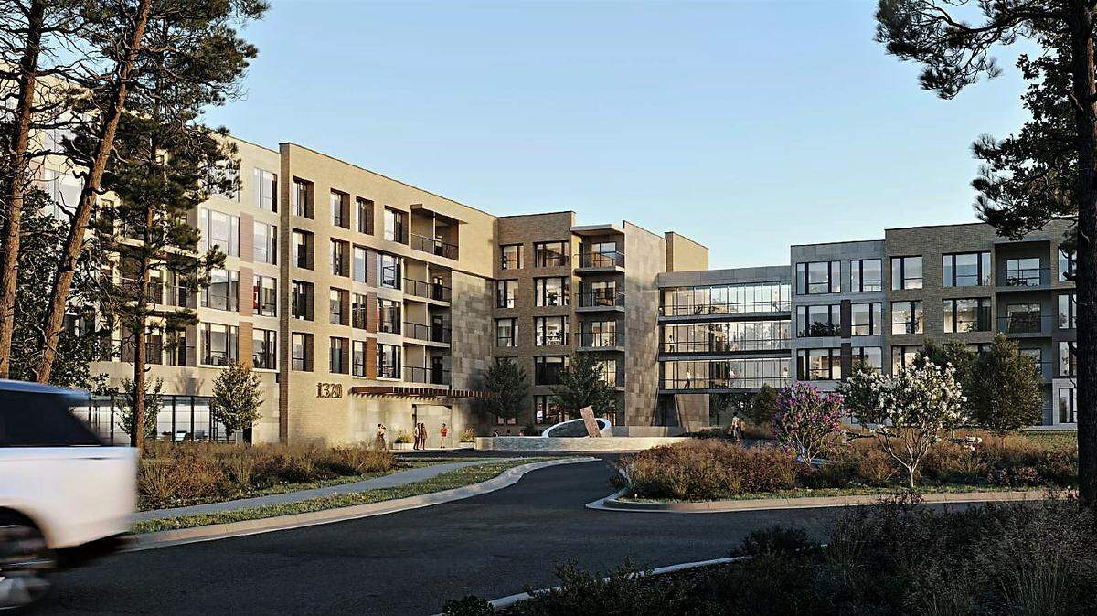 An architectural rendering of the proposed Reserve at Blue Hill apartments on Ephesus Church Road. The concept plan is a roughly drawing of what could be built and is subject to change through the town’s development process.