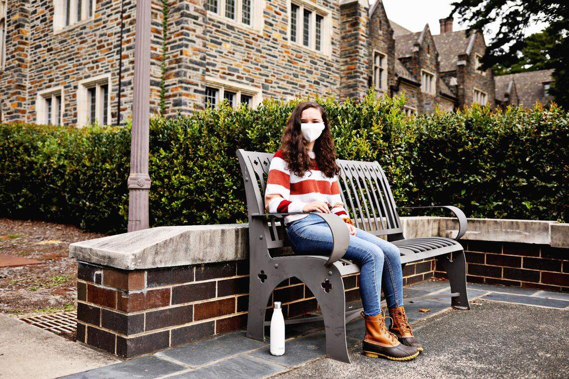 Hattie Halloway, a 19-year-old freshman from Chapel Hill, is living in a dorm on campus without a roommate, taking a mix of in-person and online classes at Duke University.