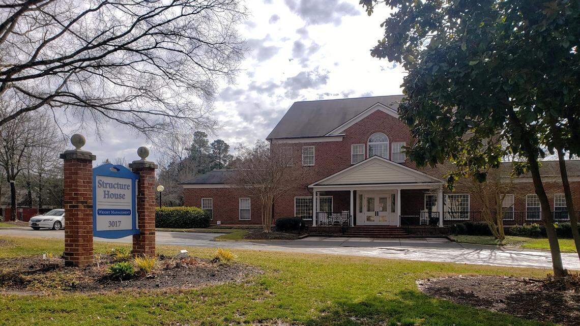 The front of the 12-acre Structure House campus off Pickett Road in Durham on Feb. 1, 2021.
