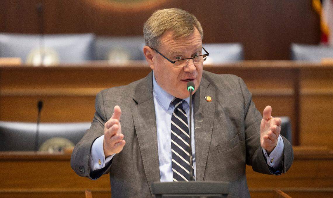 North Carolina Speaker of the House Tim Moore addresses attendees during the North Carolina Medal of Valor ceremony honoring Craven County deputy Lt. Lyndsey Moses-Winnings at the General Assembly on Wednesday, July 10, 2024 in Raleigh, N.C.