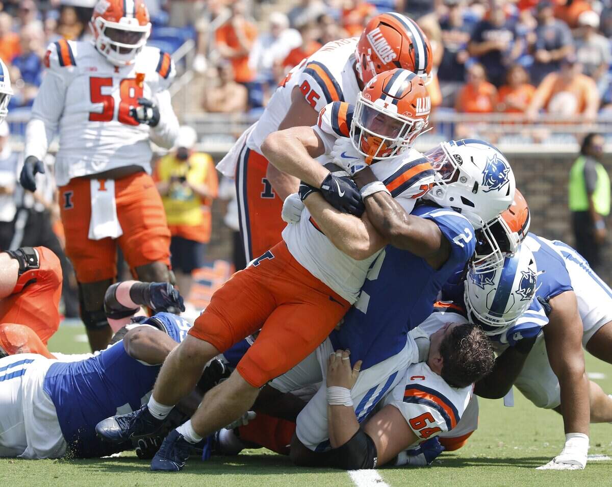 Duke’s Jaiden Francois tackles Illinois’ Aidan Laughery during the first half of the Blue Devils’ game on Saturday, Sept. 6, 2025, at Wallace Wade Stadium in Durham, N.C.
