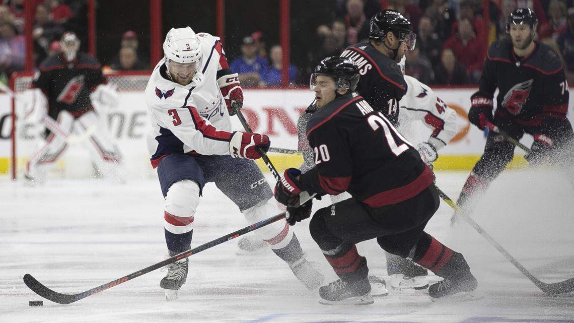 Carolina Hurricanes’ Sebastian Aho (20) battles for the puck with Washington’s Nick Jensen (3) in the first period on Monday, April 15, 2019 at the PNC Arena on Raleigh, N.C.