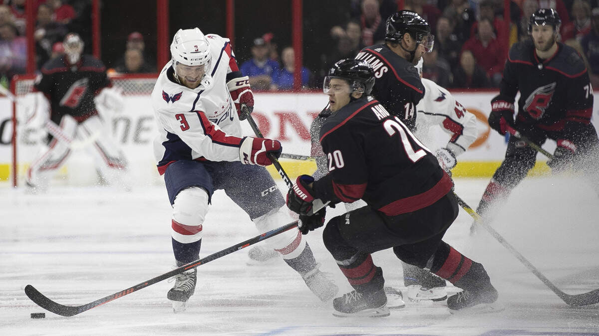 Carolina Hurricanes’ Sebastian Aho (20) battles for the puck with Washington’s Nick Jensen (3) in the first period on Monday, April 15, 2019 at the PNC Arena on Raleigh, N.C.