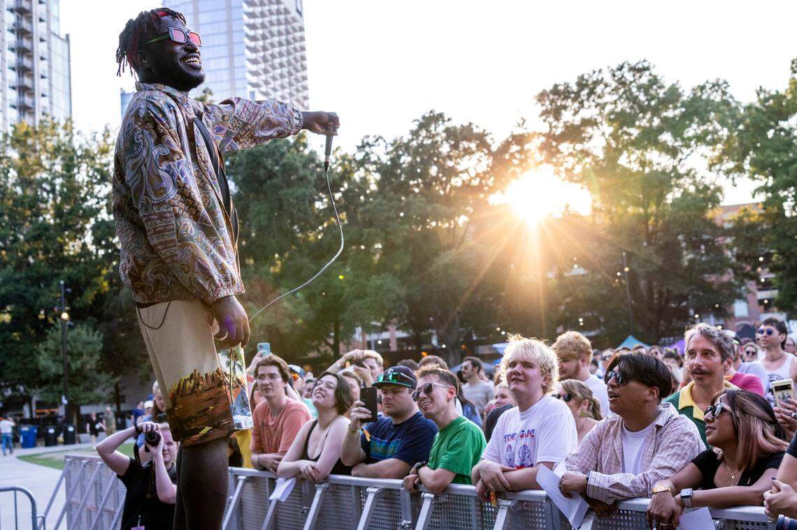 Comedian Hannibal Buress performs as his rap alias Eshu Tune Thursday, Sept. 7 2023 at Moore Square in Raleigh during the annual Hopscotch Music Festival.
