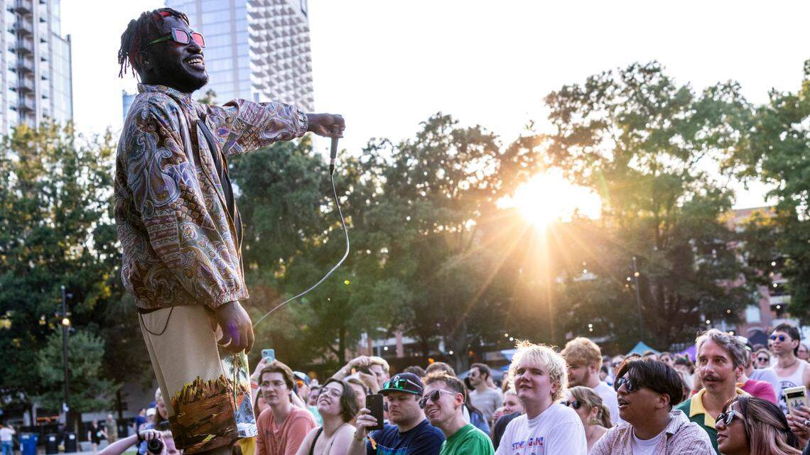 Comedian Hannibal Buress performs as his rap alias Eshu Tune Thursday, Sept. 7 2023 at Moore Square in Raleigh during the annual Hopscotch Music Festival.