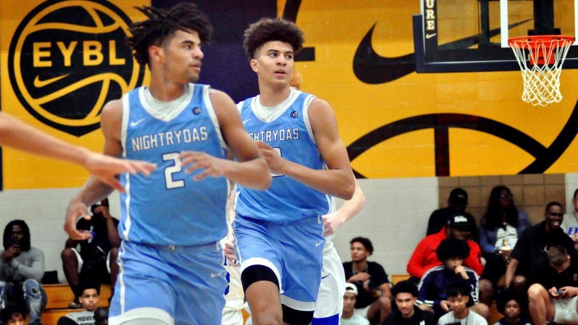 Twins Cayden, left, and Cameron Boozer run the floor during their win over Team Maine at Peach Jam, the Nike Elite Youth Basketball League tournament in North Augusta, S.C. in July 2022. The brothers are the sons of former Duke basketball standout Carlos Boozer.