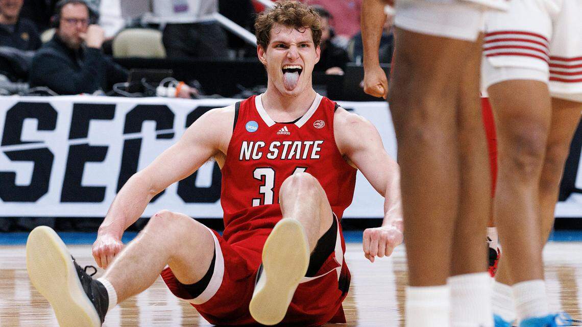 N.C. State’s Ben Middlebrooks reacts after drawing a foul during the first half of the Wolfpack’s 80-67 win over Texas Tech in first round of the NCAA Tournament on Thursday, March 21, 2024, at PPG Paints Arena in Pittsburgh, Pa
