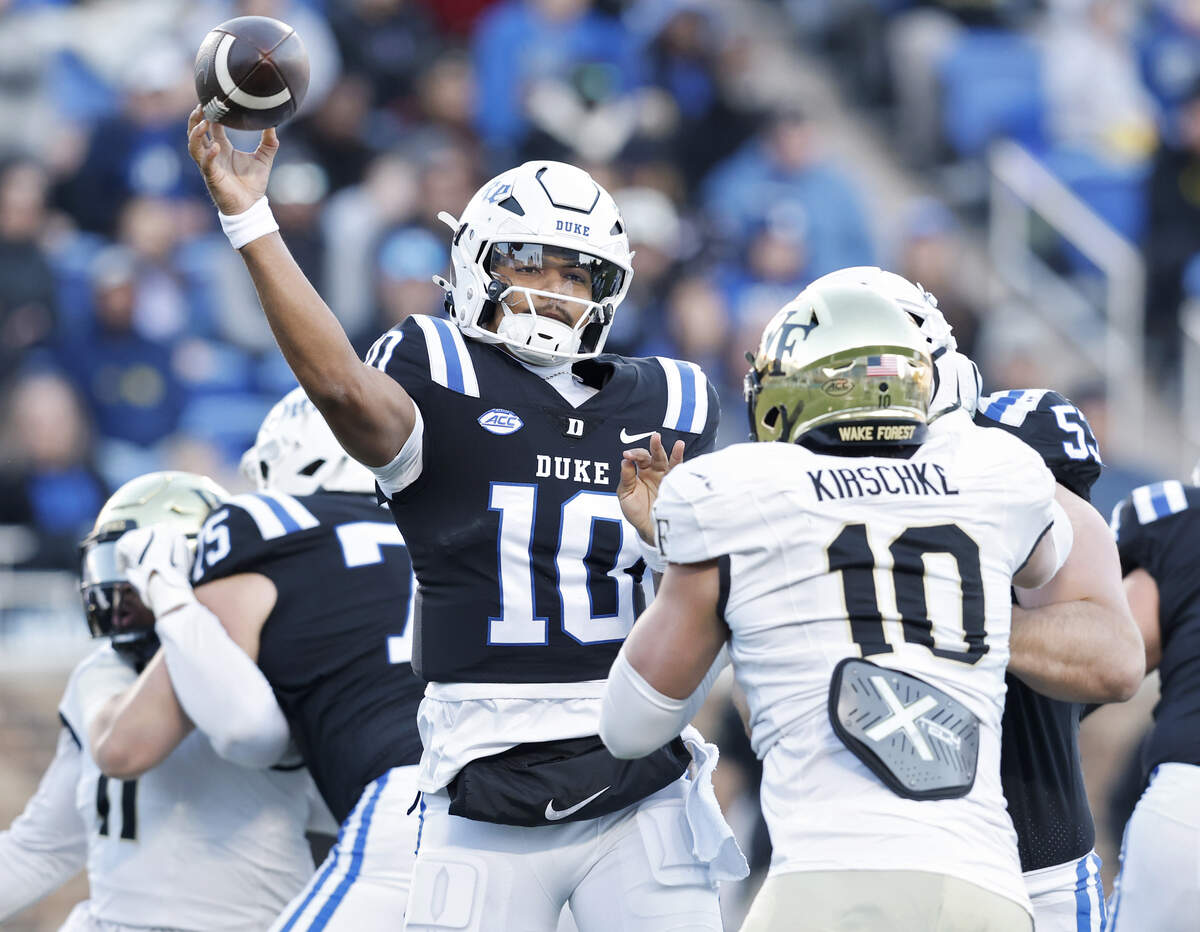 Duke quarterback Darian Mensah looks to pass during the first half of the Blue Devils’ game against Wake Forest on Saturday, Nov. 29, 2025, at Wallace Wade Stadium in Durham, N.C.