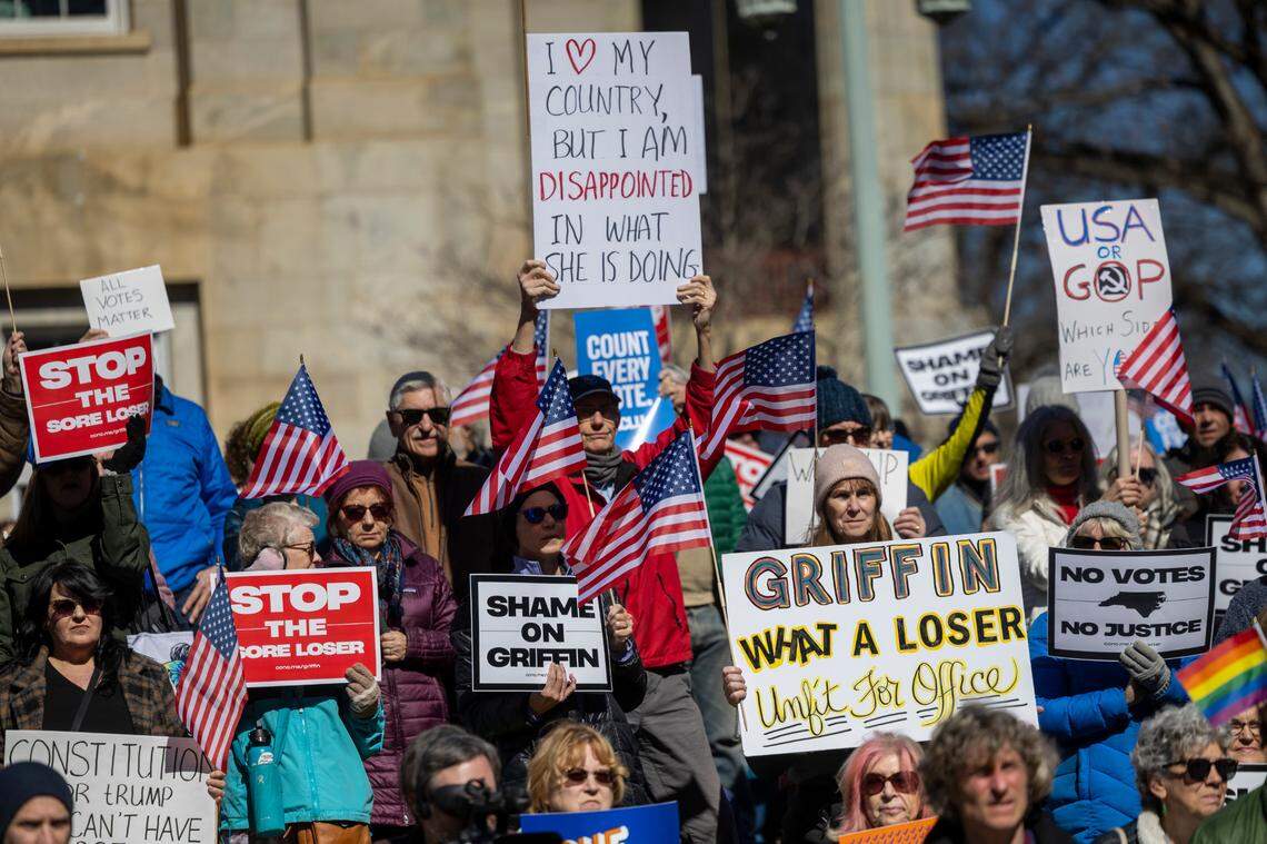Hundreds of demonstrators rally at the North Carolina State Capitol on Monday, Feb. 17, 2025. The rally, organized by Common Cause, protested Republican state Supreme Court candidate Jefferson Griffin’s challenge of 65,000 ballots in November’s election. He trails Democratic incumbent Allison Riggs.