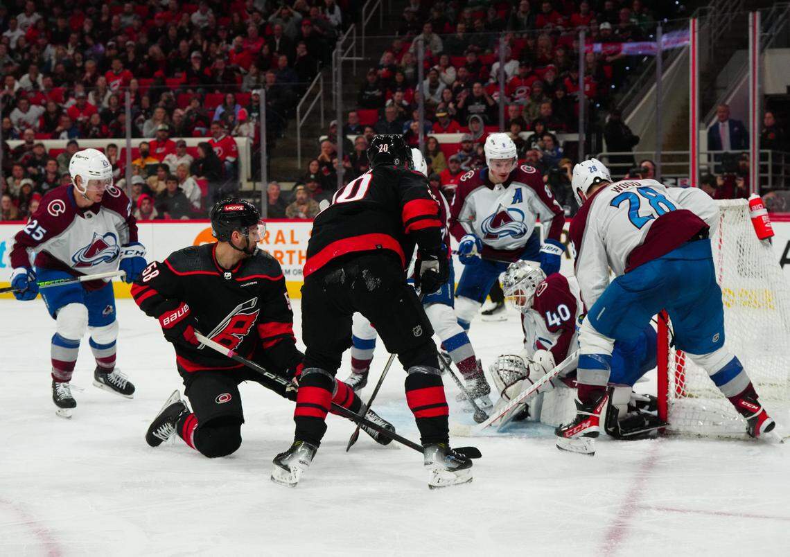 Carolina Hurricanes left wing Michael Bunting (58) shot attempt is stopped by Colorado Avalanche goaltender Alexandar Georgiev (40) during the third period at PNC Arena.