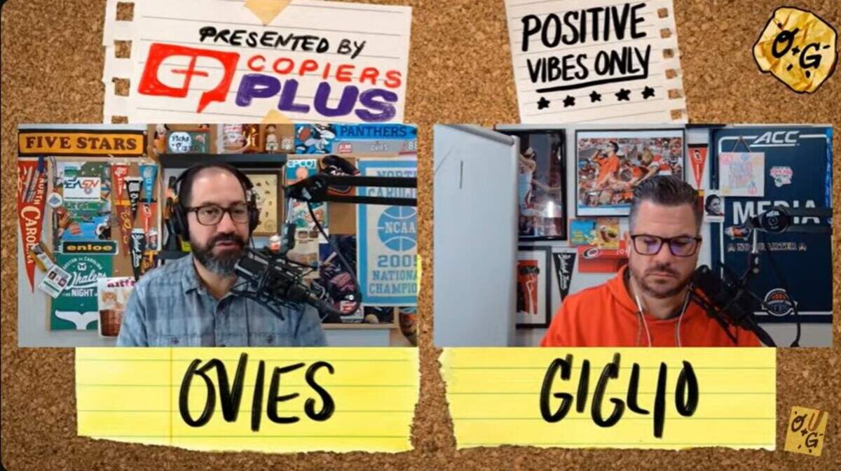 Joe Ovies, left, and Joe Giglio host the “Ovies + Giglio” sports talk show, available via podcast or YouTube.