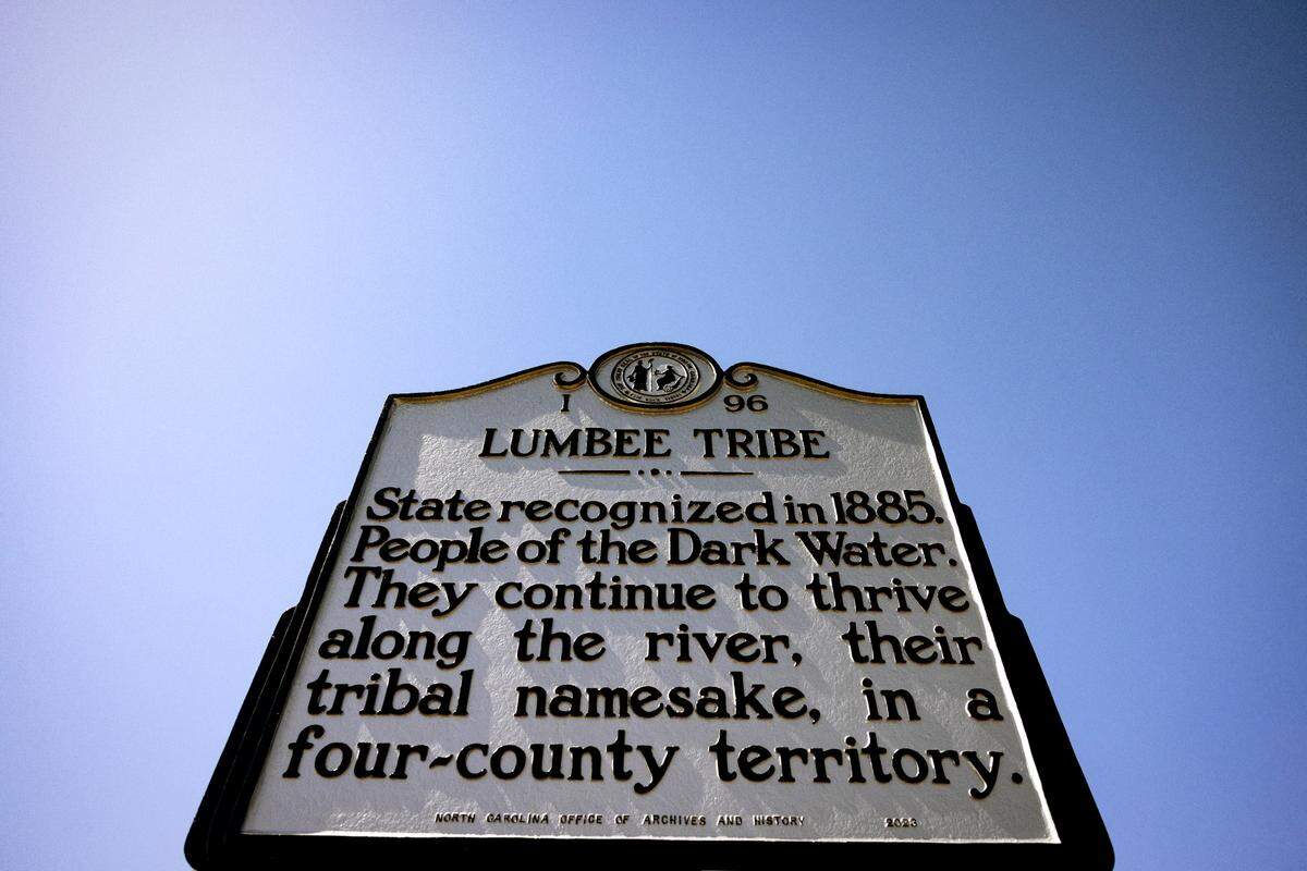 A highway marker near the Lumbee Tribal Administrative Building in Pembroke.
