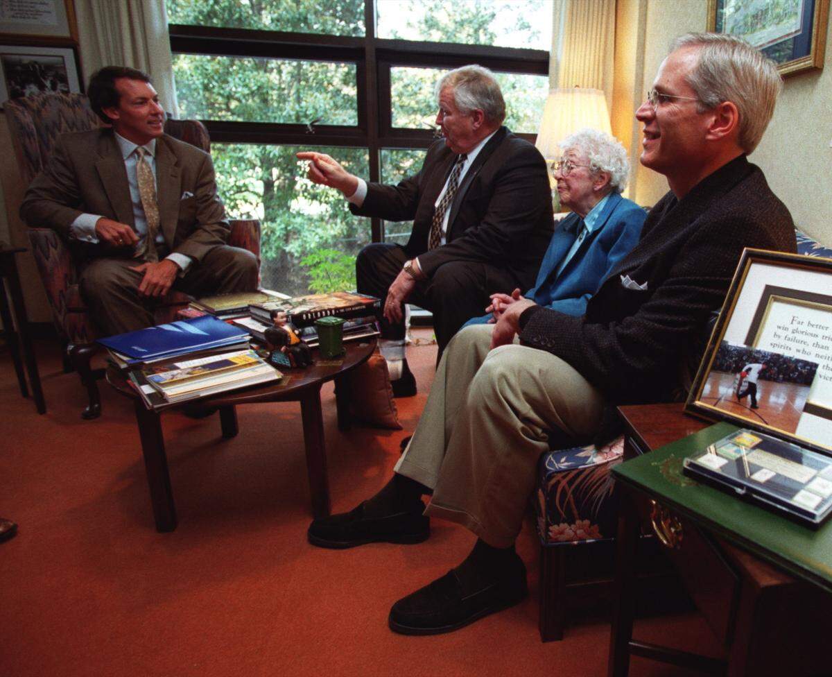 Onetime Raleigh mayors Tom Fetzer, Tom Bradshaw, Isabelle Cannon and Paul Coble sit and talk after a lunch in this file photo.
