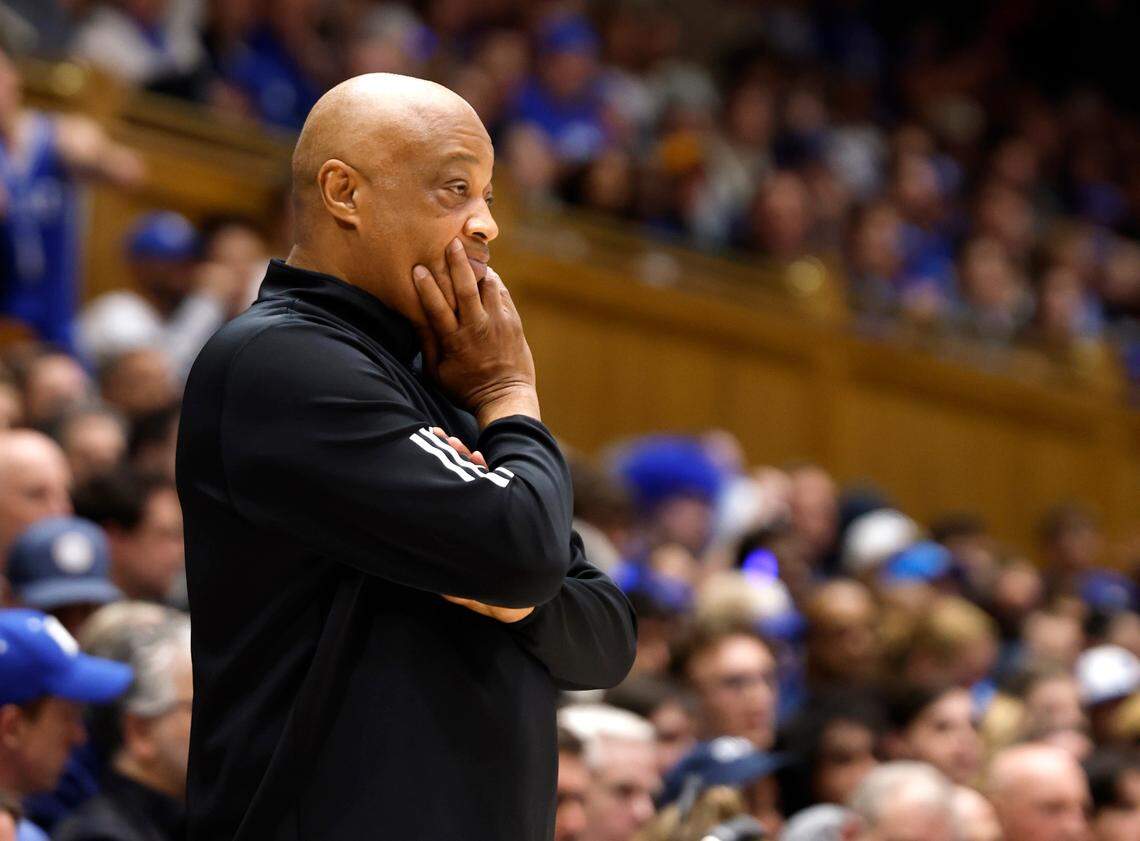 Miami interim head coach Bill Courtney watches during the first half of Duke’s game against Miami at Cameron Indoor Stadium in Durham, N.C., Tuesday, Jan. 14, 2025.