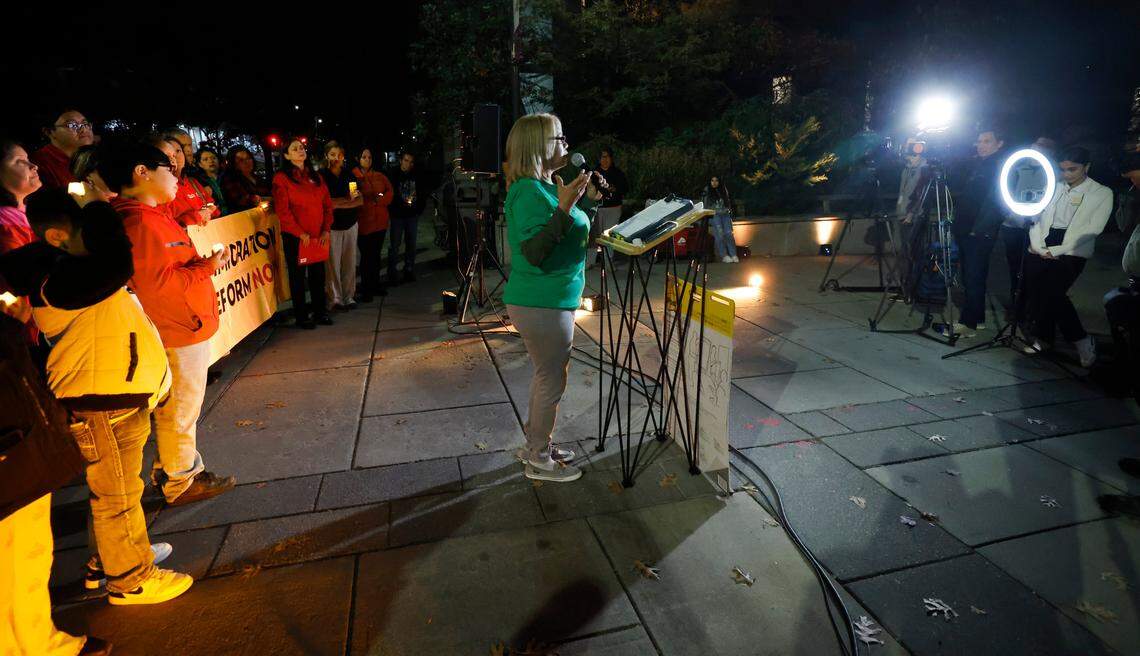 Ana Ilarraza-Blackburn, Co-Founder and Executive Director of Women Leading for Wellness and Justice, speaks during a press conference and vigil against NC House Bill 10 outside the Legislative Building in Raleigh, N.C., Monday, Nov. 18, 2024.