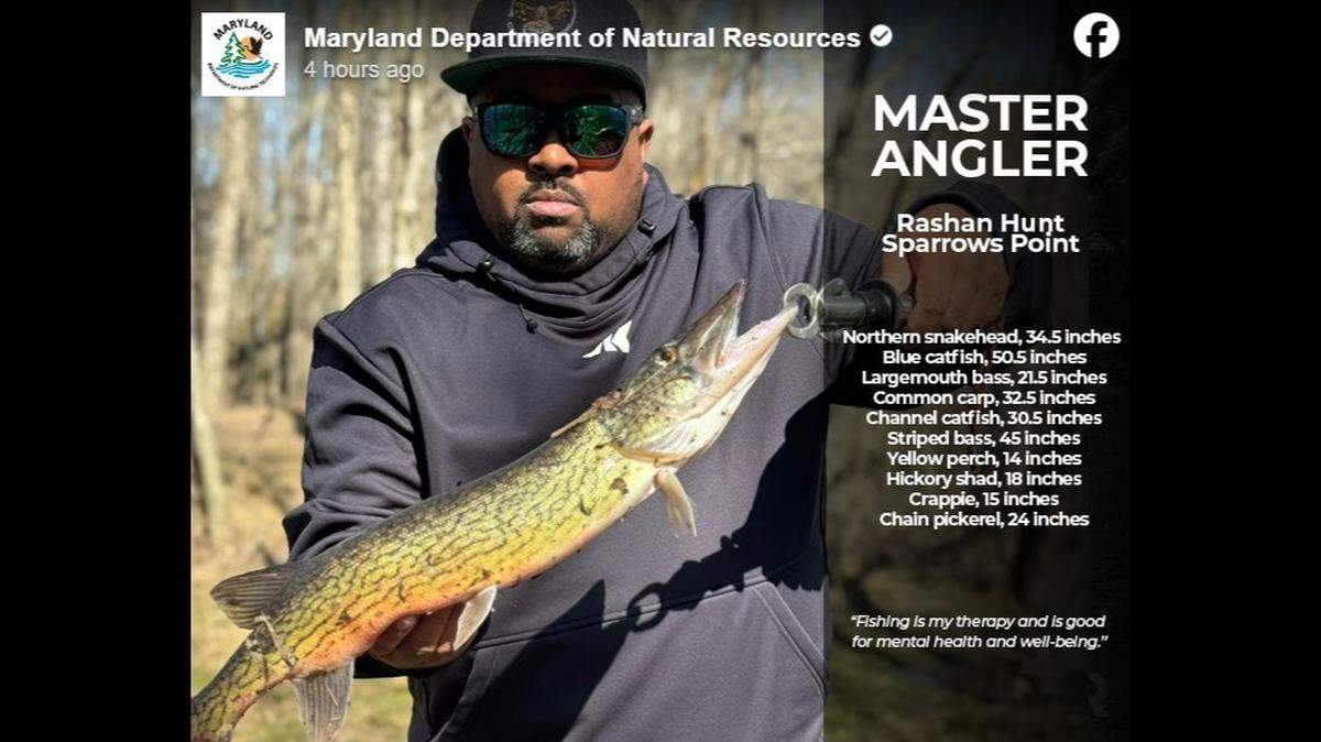 The angler told Maryland wildlife officials that fishing is a form of therapy for him.
