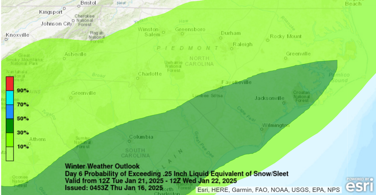 There’s a slight chance of snow accumulation across much of North Carolina next week This map shows the greatest chance will be south and east of the Triangle Tuesday and Wednesday. Other forecasts suggest snow is more likely later next week.