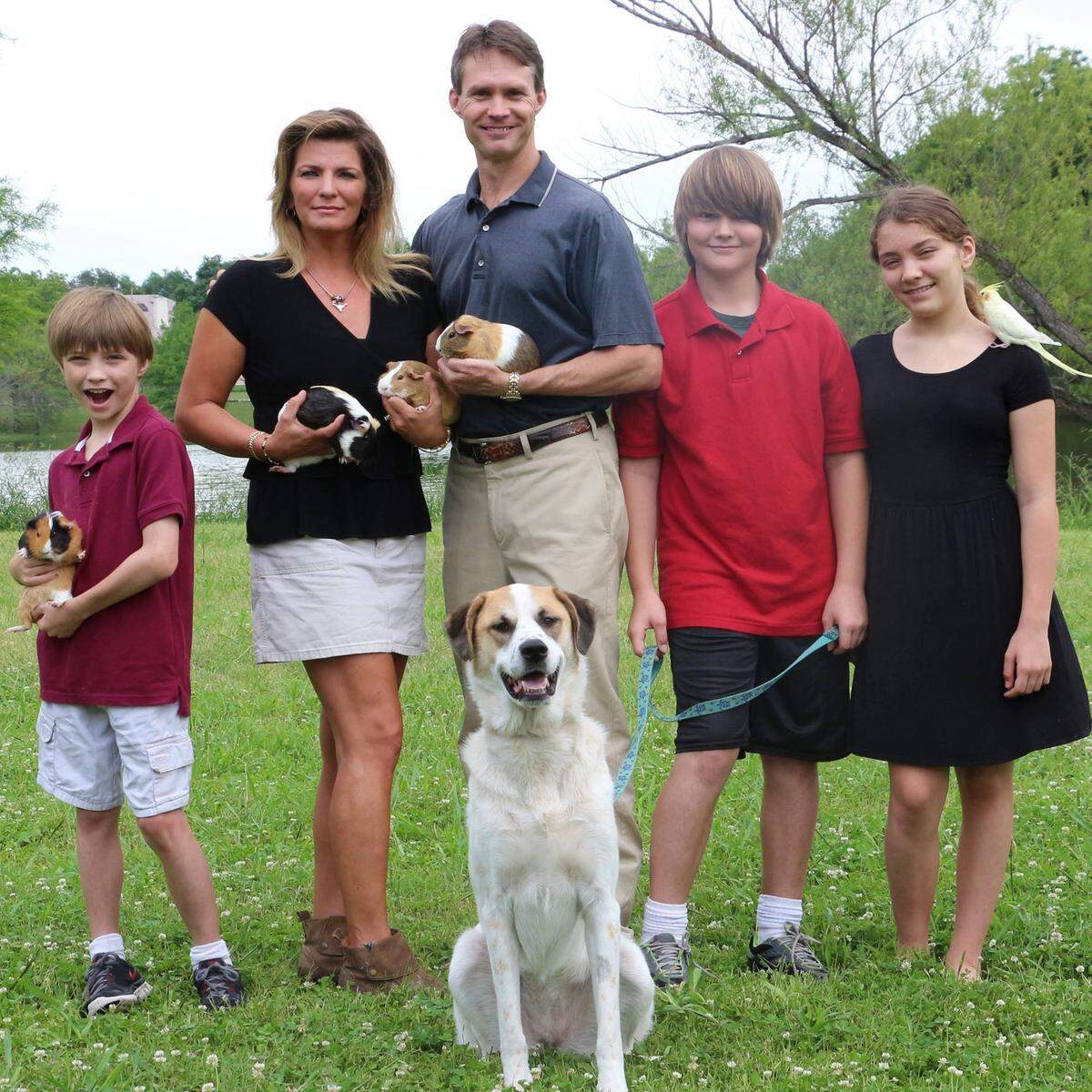 Frances Scott and husband Skip Phillips with their children and pets in Austin, Texas, in 2018.