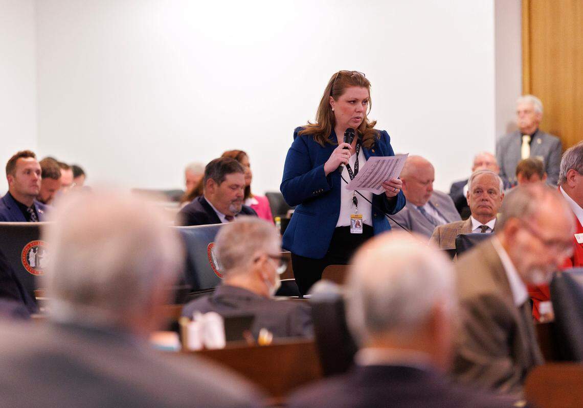 Rep. Erin Paré, a Republican from Wake, speaks about the budget bill in the House chamber of the Legislative Building on Wednesday, May 21, 2025, in Raleigh, N.C.