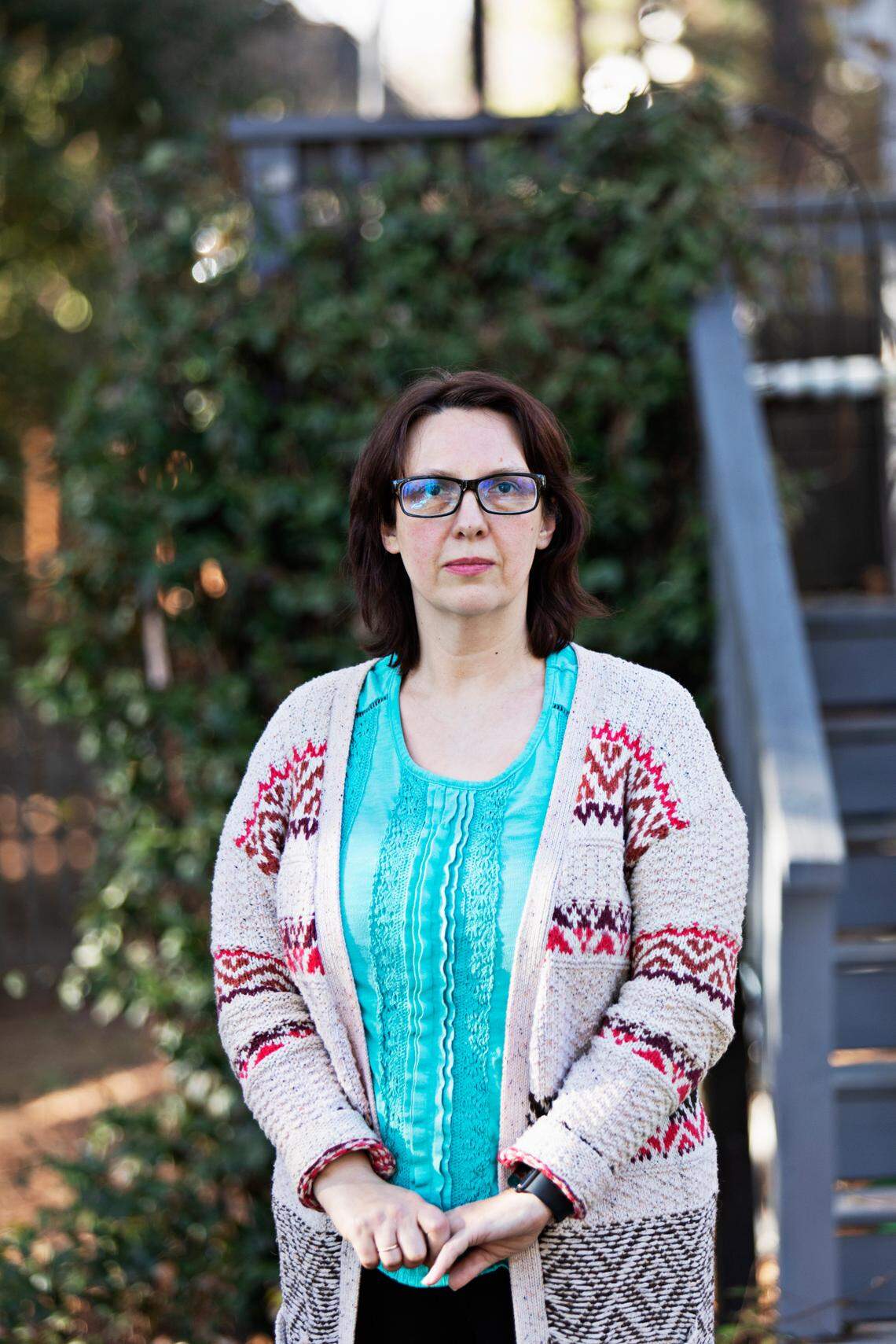Tatiana Saenko, an ethnic Ukrainian from Russia, outside of the Raleigh home she shares with her daughter and son-in-law on March 14, 2022. Saenko is currently trying to help her husband, mother-in-law and two younger children immigrate to the U.S. Saenko is particularly worried about her son who will turn 18 soon and be conscripted into the Russian army.