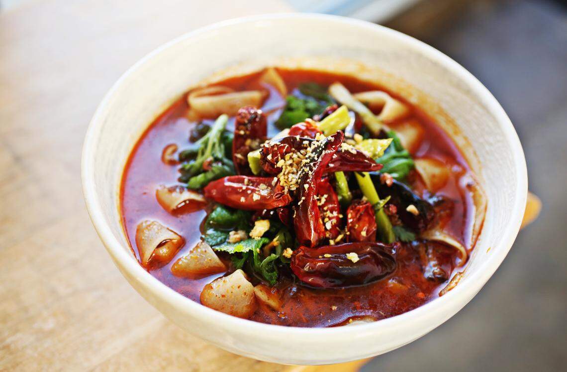 There’s a house made Shan-Xi noodle dish with two variations, one pairing the broad, very long wheat noodles with an animal protein such as stir-fried pork belly or braised monkfish, and the other a vegetarian alternative at Rose’s Noodles, Dumplings & Sweets.