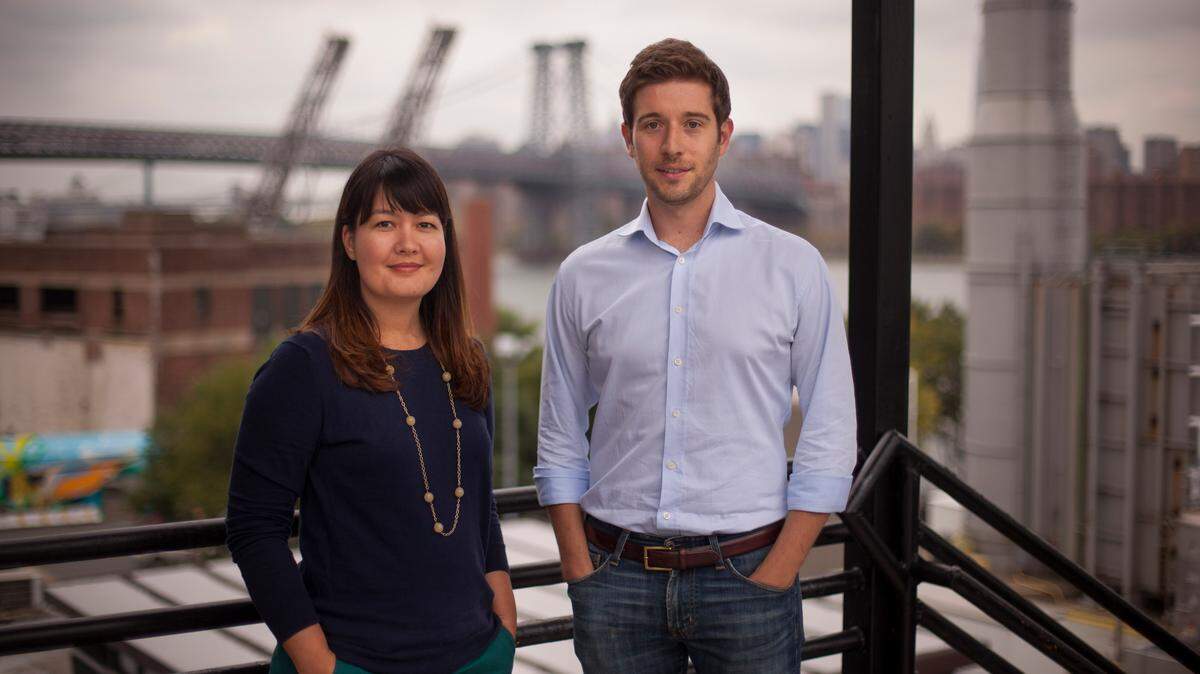 Policygenius founders Jen Fitzgerald, left and Francois de Lame, right, pose for a portrait in Brooklyn. The company announced on Thursday, Aug. 29, 2019, that it would open an office in Durham, N.C.