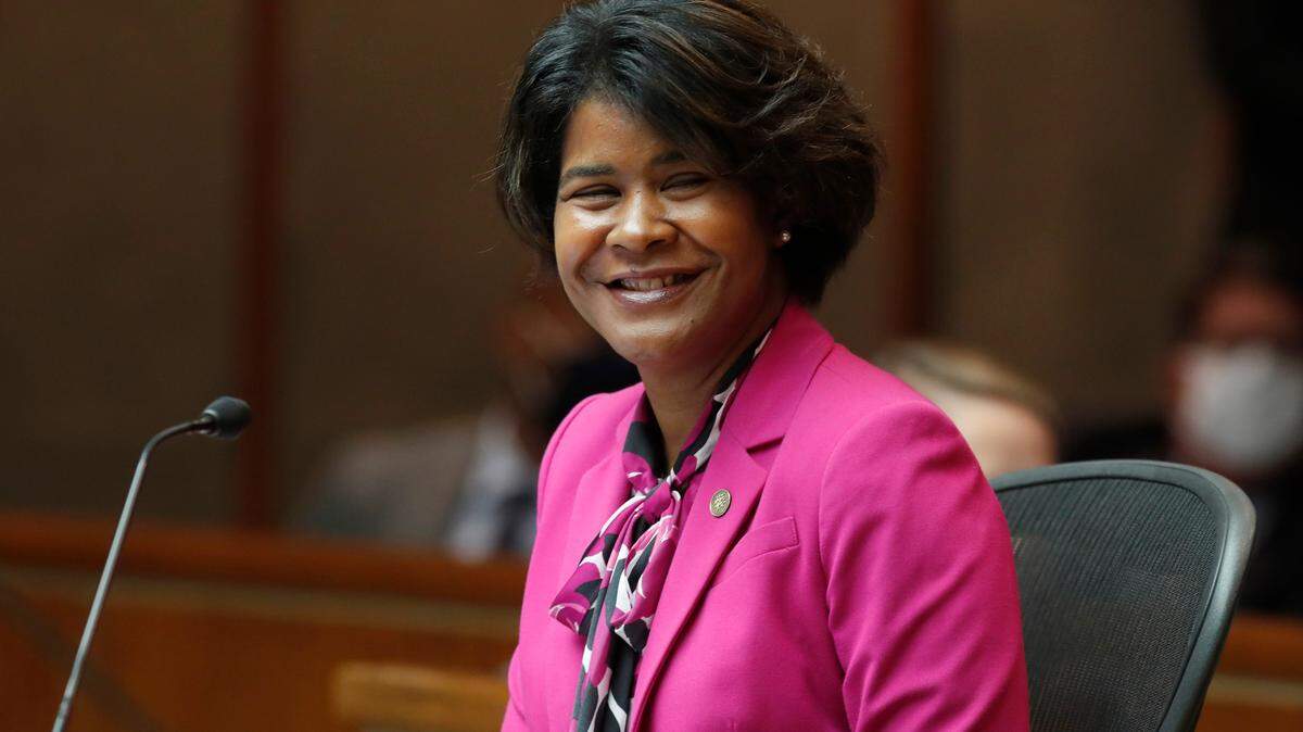 Raleigh City Manager Marchell Adams-David smiles during the Raleigh City Council meeting at the Municipal Building in Raleigh, N.C. Tuesday, June 15, 2021.